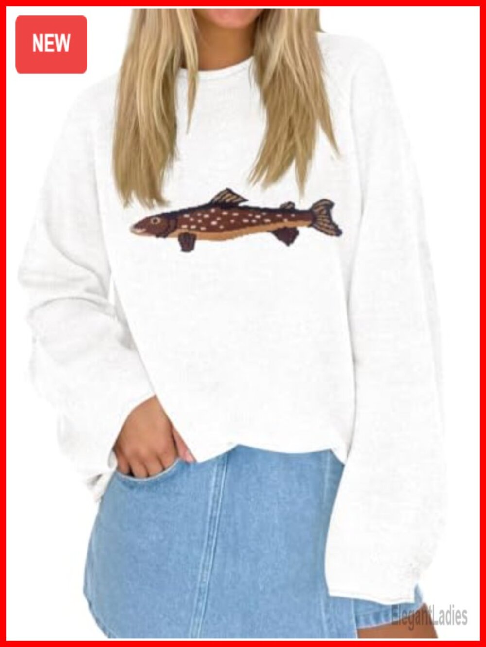 Oversized Fish Graphic Knit Pullover Sweater Roll Neck Women